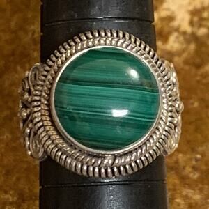 Sterling Silver & Malachite Ring Size 9 BA Indonesia